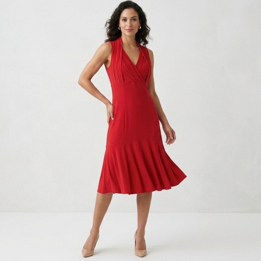 Joseph Ribkoff Red Jersey Dress Sleeveless Fit And Flare Midi V-Neck Size 8